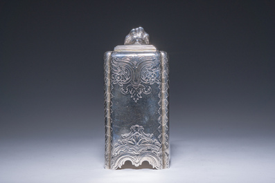 A rare English George II tea caddy with richly engraved floral design and coats of arms, London, maker's mark Paul de Lamerie, dated 1745