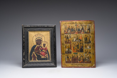 Trois ic&ocirc;nes orthodoxes, e.a. une ic&ocirc;ne de voyage en quatre parties en bronze &eacute;maill&eacute;, Russie, 19&egrave;me/20&egrave;me si&egrave;cle