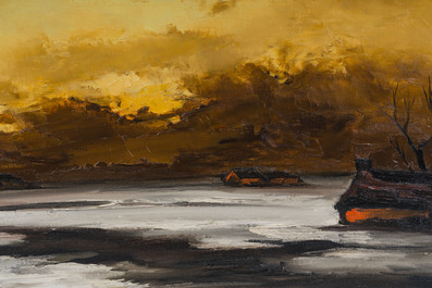 Paul Permeke (1918-1990): Soleil rougeoyant sur la campagne enneig&eacute;e, huile sur toile