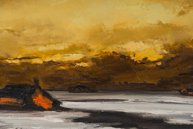 Paul Permeke (1918-1990): Soleil rougeoyant sur la campagne enneig&eacute;e, huile sur toile