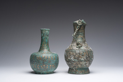 Deux vases de forme bouteille en bronze incrust&eacute;, Chine, probablement Han