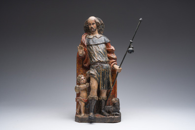 Saint Roch accompagn&eacute; d'un ange et d'un chien en bois sculpt&eacute; et polychrom&eacute;, Flandres, 17&egrave;me si&egrave;cle