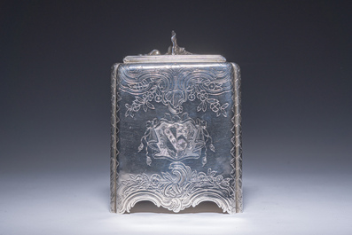 A rare English George II tea caddy with richly engraved floral design and coats of arms, London, maker's mark Paul de Lamerie, dated 1745
