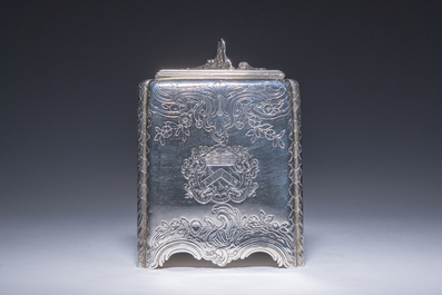A rare English George II tea caddy with richly engraved floral design and coats of arms, London, maker's mark Paul de Lamerie, dated 1745