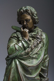 Ferdinando de Luca (19&egrave;me/20&egrave;me si&egrave;cle): Ludwig van Beethoven, bronze &agrave; patine verte sur un socle en marbre vert de mer, 20&egrave;me si&egrave;cle