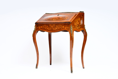 A French Louis XV style gilt bronze mounted ladies' writing desk with rich marquetry, 19th C.