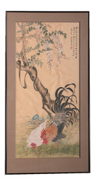 Ecole chinoise: Coqs dans un paysage, encre et couleurs sur soie, 19&egrave;me/20&egrave;me si&egrave;cle