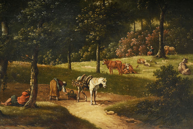 French school: Shepherds with their cattle in a forest landscape, oil on canvas, 19th C.