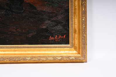 Evarist De Buck (1892-1974): Dur travail au cr&eacute;puscule, huile sur toile, dat&eacute; 1916