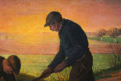 Evarist De Buck (1892-1974): Dur travail au cr&eacute;puscule, huile sur toile, dat&eacute; 1916