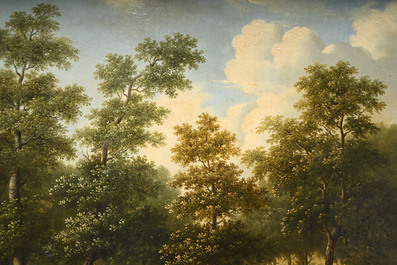 French school: Shepherds with their cattle in a forest landscape, oil on canvas, 19th C.