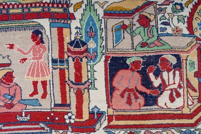 Trois tapis pakistanais &agrave; d&eacute;cor floral et de sc&egrave;nes de chasse, laine sur coton, 20&egrave;me si&egrave;cle