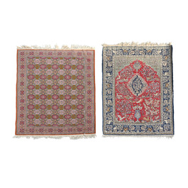 Deux tapis orientaux de type Qom (Qum/Ghom) &agrave; d&eacute;cor floral et d'animaux parmi des branches fleuries, laine sur coton, 20&egrave;me si&egrave;cle