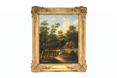 French school: Shepherds with their cattle in a forest landscape, oil on canvas, 19th C.