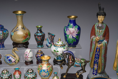 A large and varied collection of Chinese cloisonn&eacute; figures, animals, incense burners and vases, 20th C.