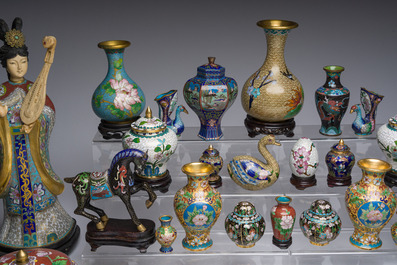 A large and varied collection of Chinese cloisonn&eacute; figures, animals, incense burners and vases, 20th C.