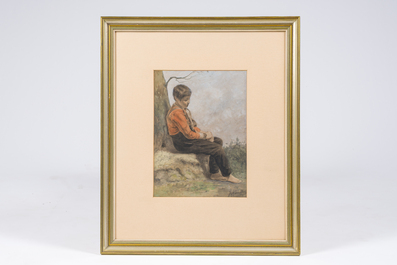 Jozef Israels (1824-1911, &agrave; la mani&egrave;re de): Jeunesse se reposant sous un arbre, techniques mixtes sur papier