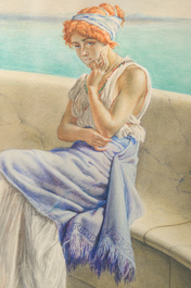 Willem Geets (1838-1919), apr&egrave;s Lawrence Alma-Tadema (1836-1912): Dame au repos, aquarelle sur papier, dat&eacute; 1910