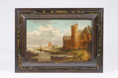 &Eacute;cole hollandaise, &agrave; la mani&egrave;re de Dirck Verhaert (1610-1680): Paysage avec une ruine de ch&acirc;teau, huile sur panneau, 18&egrave;me si&egrave;cle