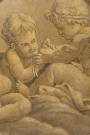 &Eacute;cole fran&ccedil;aise: Deux anges caressant une colombe, huile sur toile maroufl&eacute;e sur panneau, vers 1900