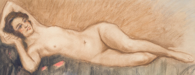 Philippe Swyncop (1878-1949): Nu f&eacute;minin allong&eacute;, techniques mixtes sur papier