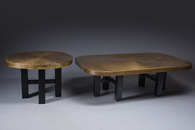 Table d'appoint au plateau en laiton grav&eacute;, Georges Mathias pour Lova Creation, Belgique, ann&eacute;es 1970/1980