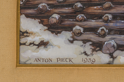 Anton Pieck (1895-1987): Vue d'un village en hiver, technique mixte sur papier, dat&eacute; 1939