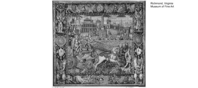 Importante tapisserie murale de Bruges repr&eacute;sentant 'Les porte-drapeaux' de la s&eacute;rie 'Les Triomphes de C&eacute;sar', seconde moiti&eacute; du 16&egrave;me si&egrave;cle