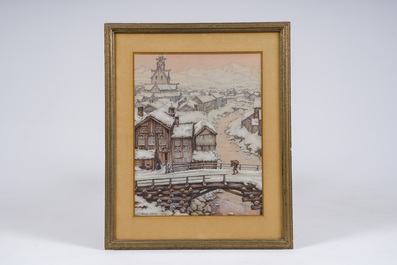 Anton Pieck (1895-1987): Vue d'un village en hiver, technique mixte sur papier, dat&eacute; 1939