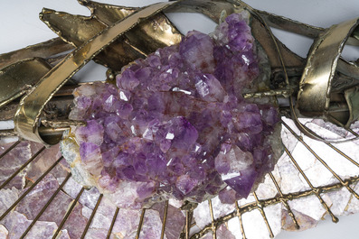 Marc D'Haenens (20&egrave;me si&egrave;cle): Grande sculpture murale en am&eacute;thyste et cuivre