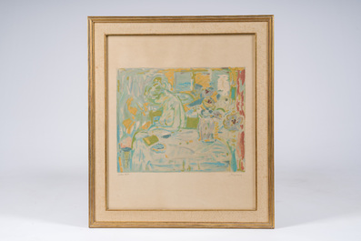 Jacques Truphemus (1922-2017): Femme nue assise &agrave; une table, lithographie en couleurs, &eacute;d. 26/50