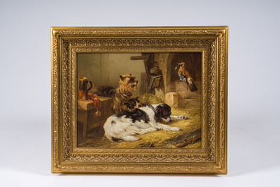 Zacharie Noterman (1824-1890): Trois chiens et un geai, huile sur panneau, dat&eacute; 1878