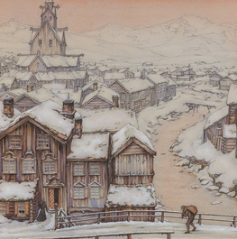 Anton Pieck (1895-1987): Vue d'un village en hiver, technique mixte sur papier, dat&eacute; 1939