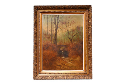 Paul Schouten (1860-1922): Paysage forestier, huile sur toile &amp; Charles De Naeyer (19e/20e si&egrave;cle): Nature morte, huile sur toile