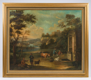 &Eacute;cole italianisante: Bergers et b&eacute;tail au repos pr&egrave;s des ruines d'une fontaine, huile sur toile, 18&egrave;me si&egrave;cle