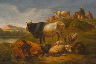 Balthazar Paul Ommeganck (1755-1826, &agrave; la mani&egrave;re de): Bergers avec leurs troupeaux dans un paysage, huile sur panneau, 19&egrave;me si&egrave;cle