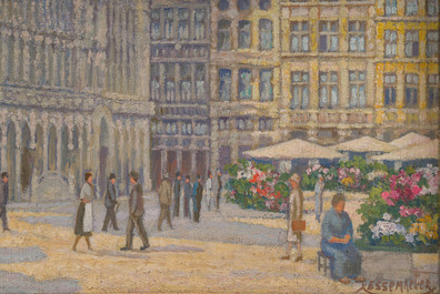 &Eacute;cole belge, Lessemaeker (20&egrave;me si&egrave;cle): Grand-Place de Bruxelles, huile sur toile