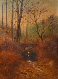 Paul Schouten (1860-1922): Paysage forestier, huile sur toile &amp; Charles De Naeyer (19e/20e si&egrave;cle): Nature morte, huile sur toile