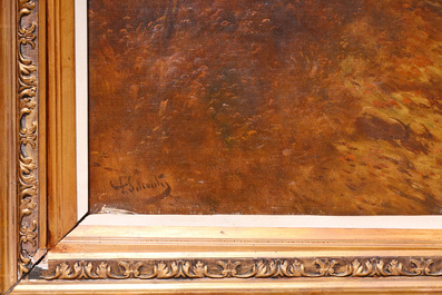 Paul Schouten (1860-1922): Paysage forestier, huile sur toile &amp; Charles De Naeyer (19e/20e si&egrave;cle): Nature morte, huile sur toile