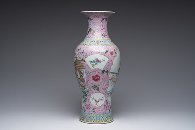 A Chinese famille rose baluster vase with female Immortals and floral design, Qianlong mark, 20th C.