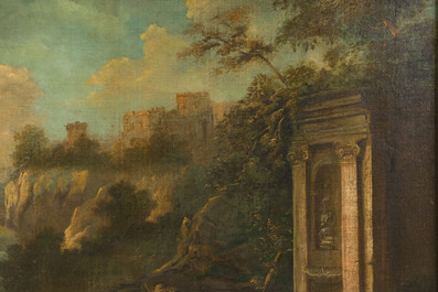 &Eacute;cole italianisante: Bergers et b&eacute;tail au repos pr&egrave;s des ruines d'une fontaine, huile sur toile, 18&egrave;me si&egrave;cle