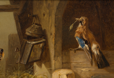 Zacharie Noterman (1824-1890): Trois chiens et un geai, huile sur panneau, dat&eacute; 1878