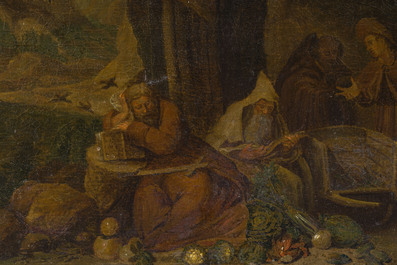 Ecole flamande: Ermites dans un paysage avec une nature morte au premier plan, huile sur toile, 18&egrave;me si&egrave;cle