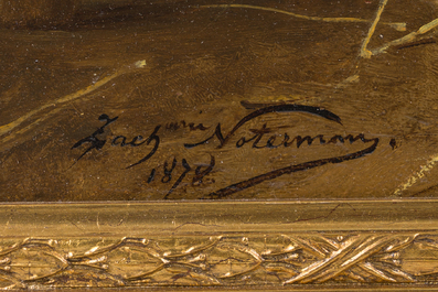 Zacharie Noterman (1824-1890): Trois chiens et un geai, huile sur panneau, dat&eacute; 1878