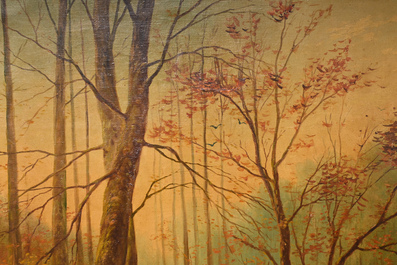 Paul Schouten (1860-1922): Paysage forestier, huile sur toile &amp; Charles De Naeyer (19e/20e si&egrave;cle): Nature morte, huile sur toile