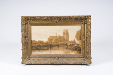Willem G.F. Jansen (1871-1949): Vue de l'&eacute;glise Notre-Dame de Dordrecht, huile sur toile