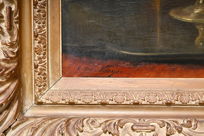 Paul Schouten (1860-1922): Paysage forestier, huile sur toile &amp; Charles De Naeyer (19e/20e si&egrave;cle): Nature morte, huile sur toile