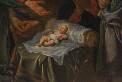 &Eacute;cole flamande: L'adoration des bergers, huile sur toile, 17&egrave;me si&egrave;cle