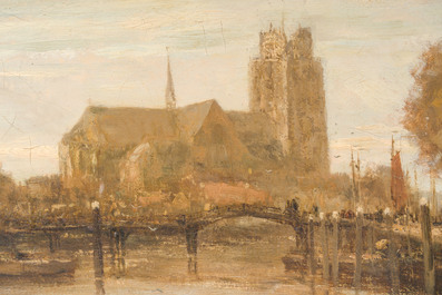 Willem G.F. Jansen (1871-1949): Vue de l'&eacute;glise Notre-Dame de Dordrecht, huile sur toile