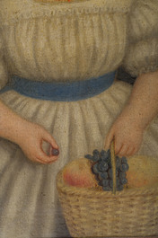 Engelbert Van Erps (1819-1874): Portrait d'une jeune fille avec une corbeille de fruits &agrave; la main, huile sur toile, dat&eacute; 1865